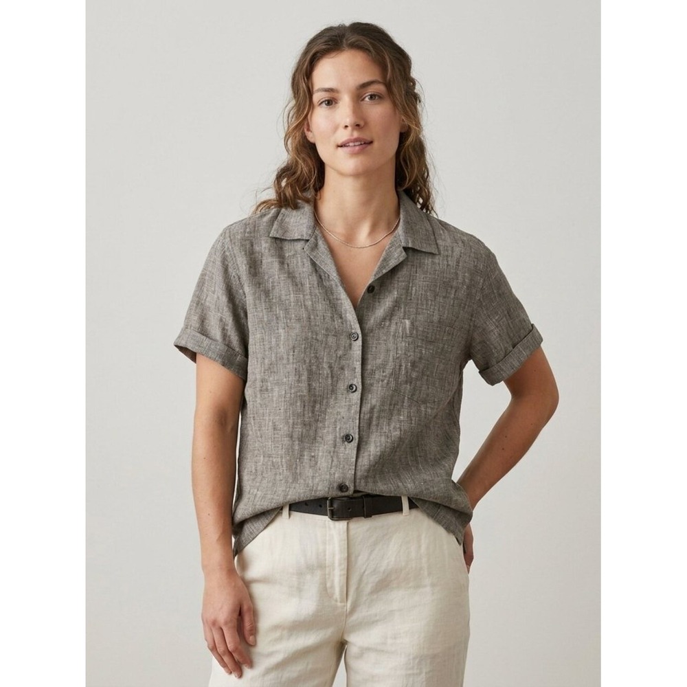 Flax by Jeanne Engelhart Grey 100% Linen Button Down Shirt Petite Short Sleeve